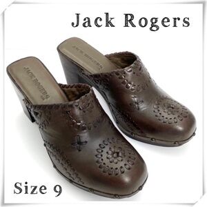 JACK Rogers Ali Clogs Wood Chunky Heel Platform Leather Mule Sandal in Brown